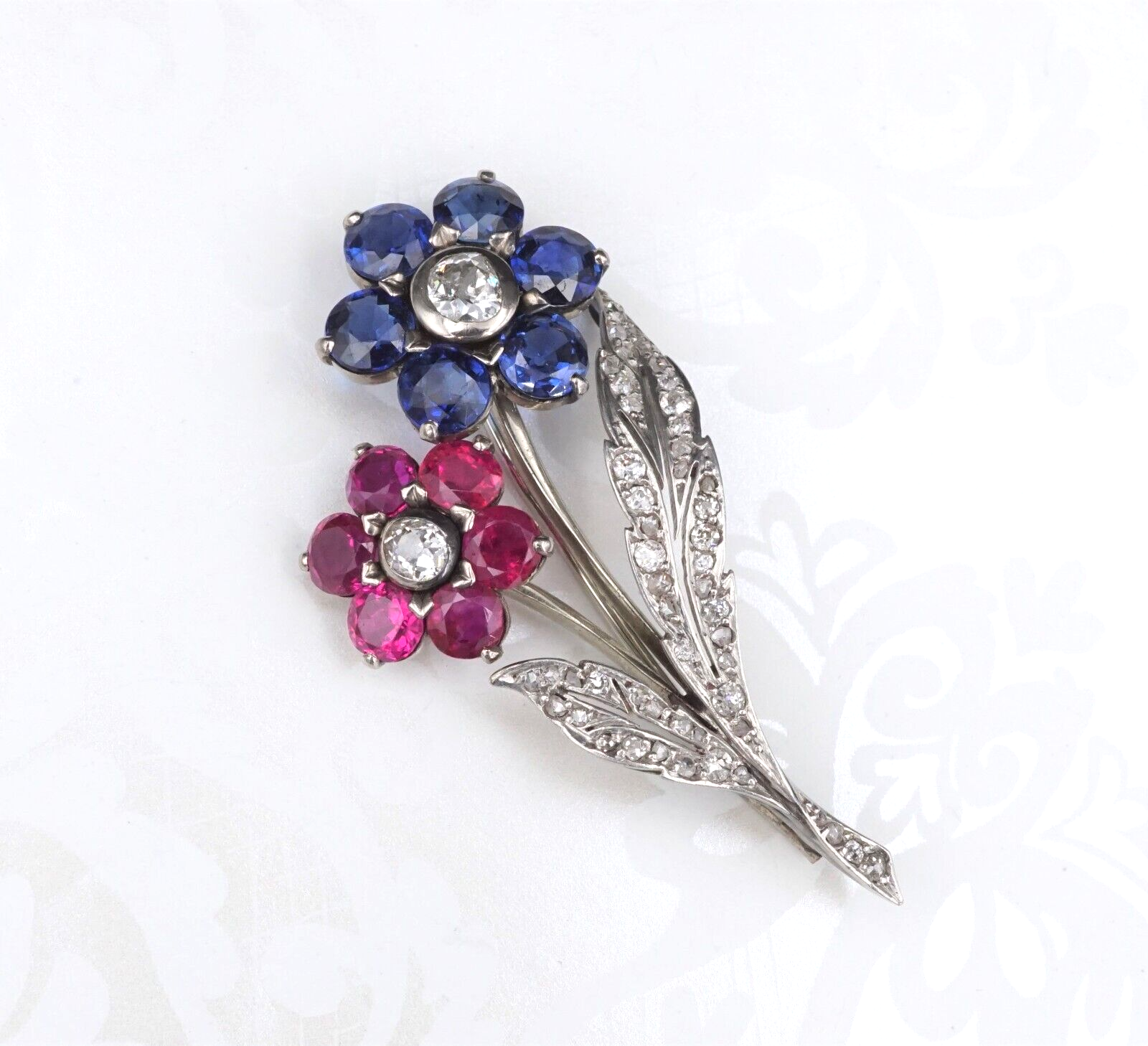 Antique Platinum Gold 5ct Sapphire Ruby Diamond Floral Pin Brooch 1.9", view 1