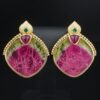 Watermelon Tourmaline Clip Earrings Artisan 18k Yellow Gold 1.8", view 1