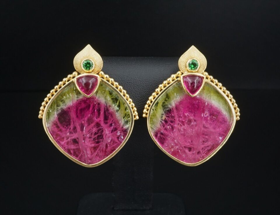 Watermelon Tourmaline Clip Earrings Artisan 18k Yellow Gold 1.8" EG2184