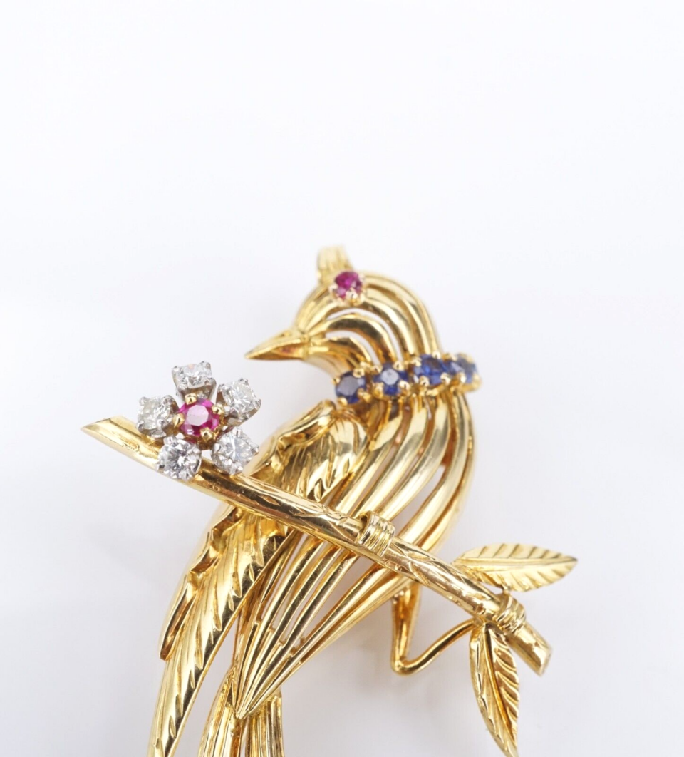 Vintage French 18k Sapphire Ruby Diamond 3D Bird Flower Pin Brooch Gold 2", view 2