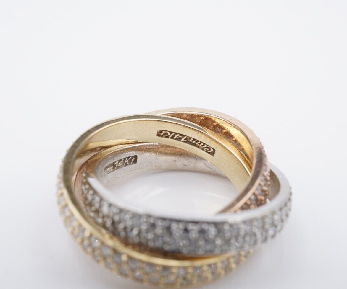 Tricolor Pave Diamond Eternity 3 Band Rolling Ring Gold Sz 8 4mm 3ct, view 6