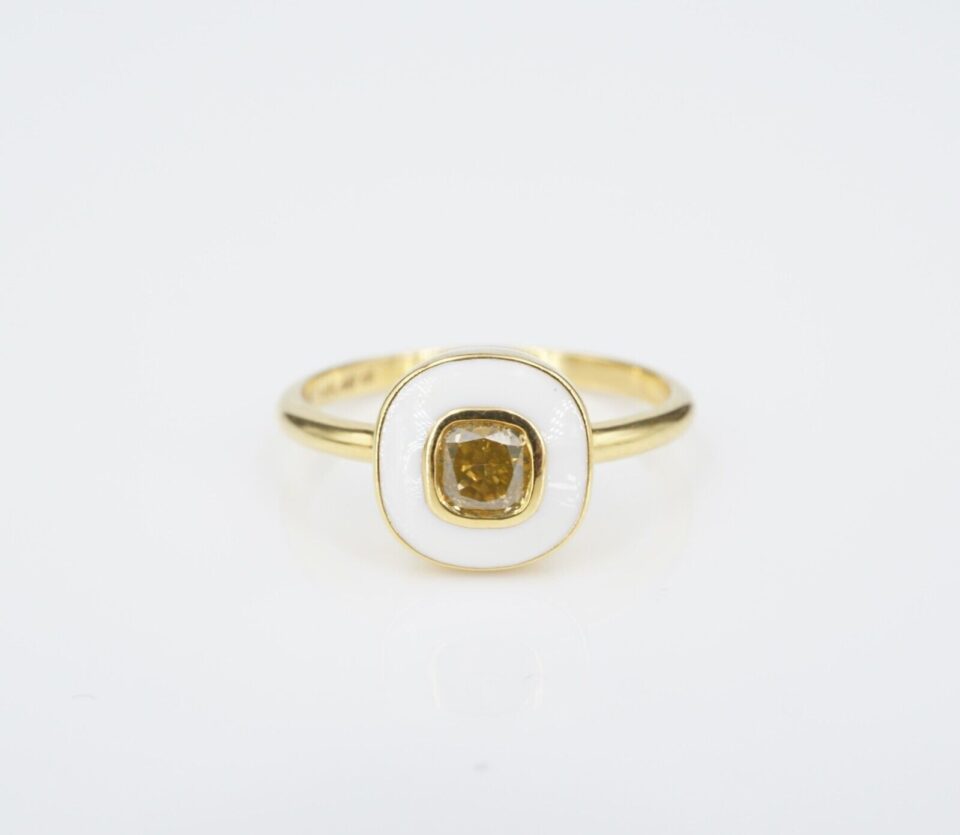14k Gold Orange Diamond with White Enamel Halo Ring Sz 6.5 Circle Modern, view 3