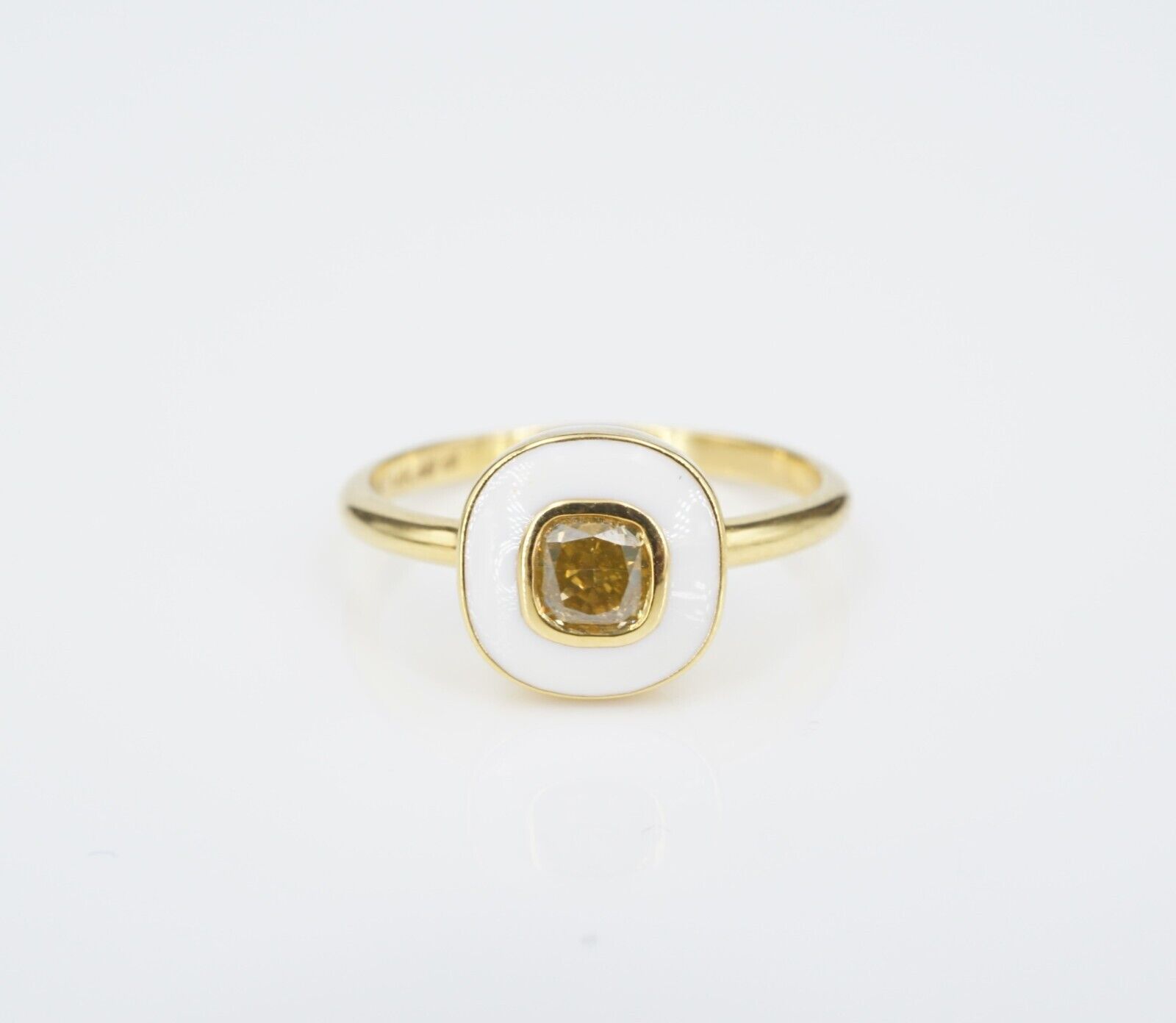 14k Gold Orange Diamond with White Enamel Halo Ring Sz 6.5 Circle Modern, view 3