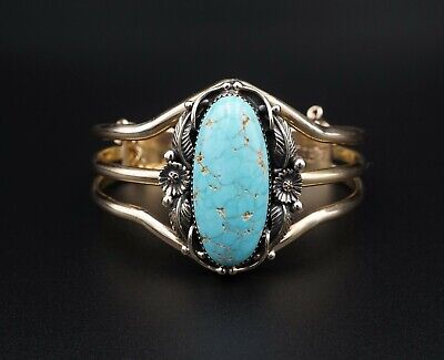 Navajo Emil Benally Vintage 14k Yellow Gold Turquoise Cuff Bracelet 6.25", view 1