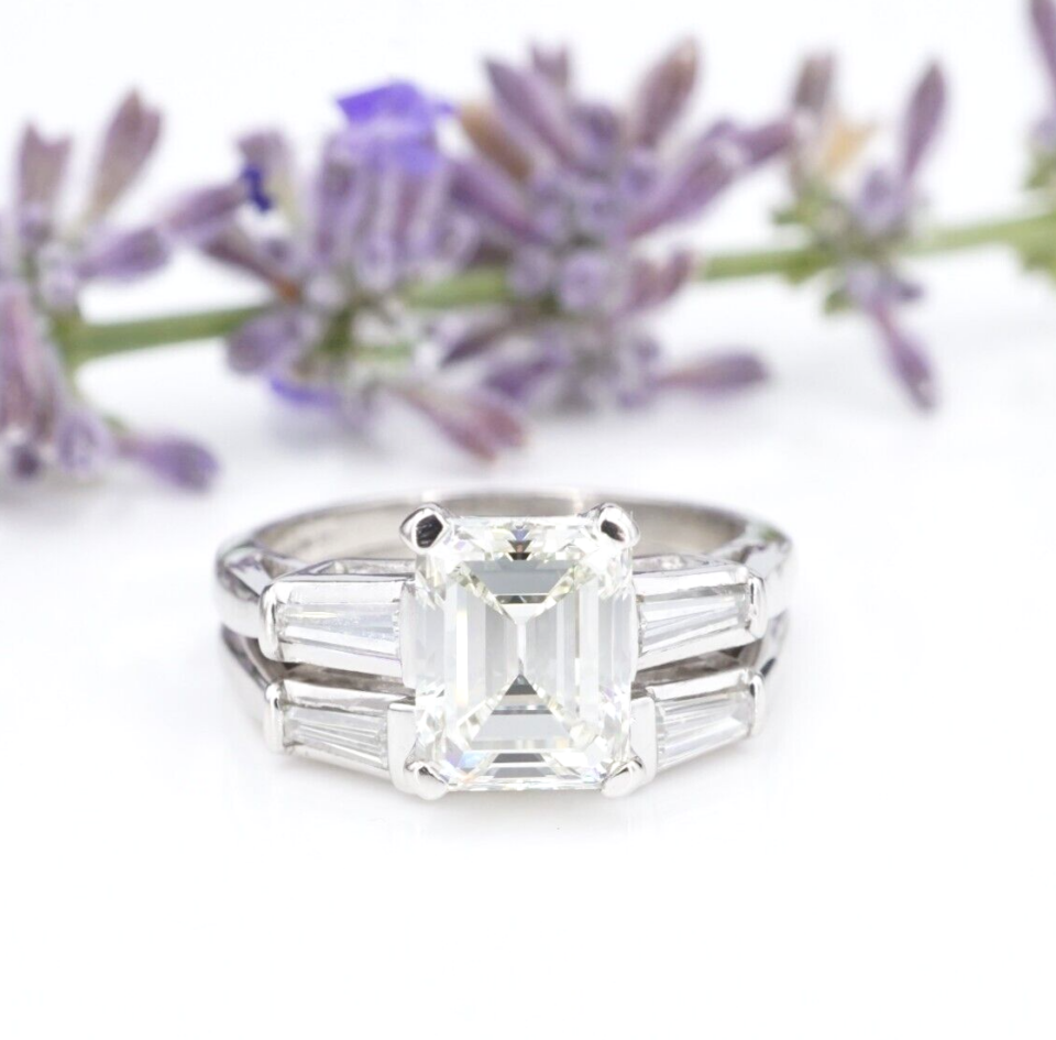 Platinum 2.5ct Emerald Cut Diamond Engagement Bridal Set GIA Sz 5.25 CO1107