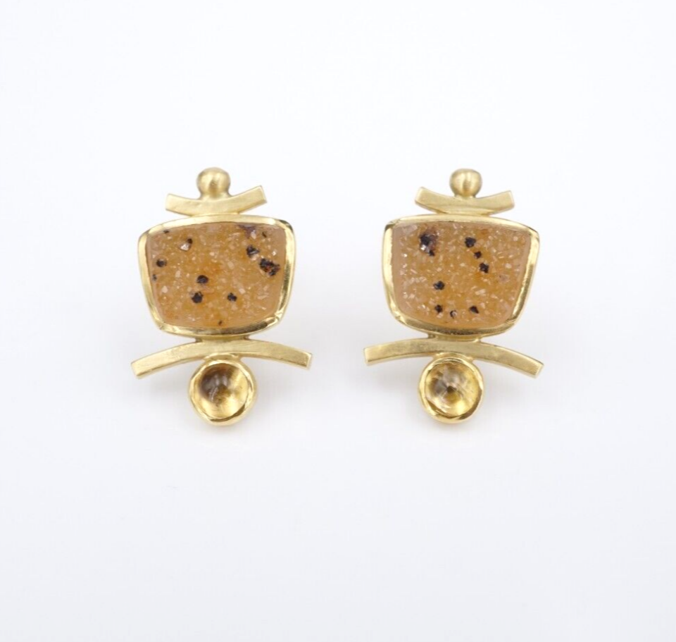 18k Ilene Schwartz Earrings Leopard Druzy Quartz Topaz Dangle Yellow Gold EG2394
