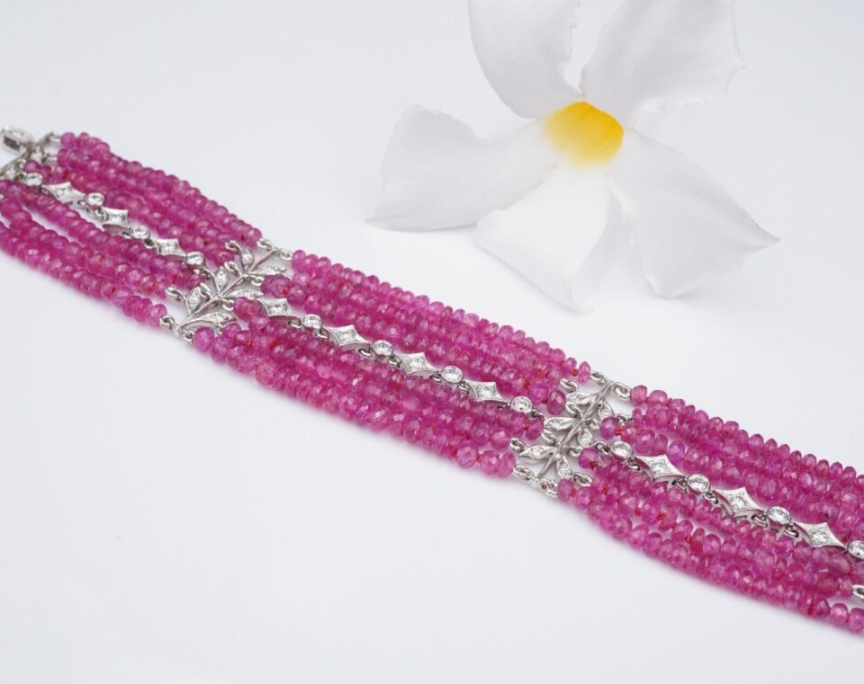 Cathy Waterman Platinum 7-Strand Floral Diamond Ruby Bead Bracelet 6.25", view 3