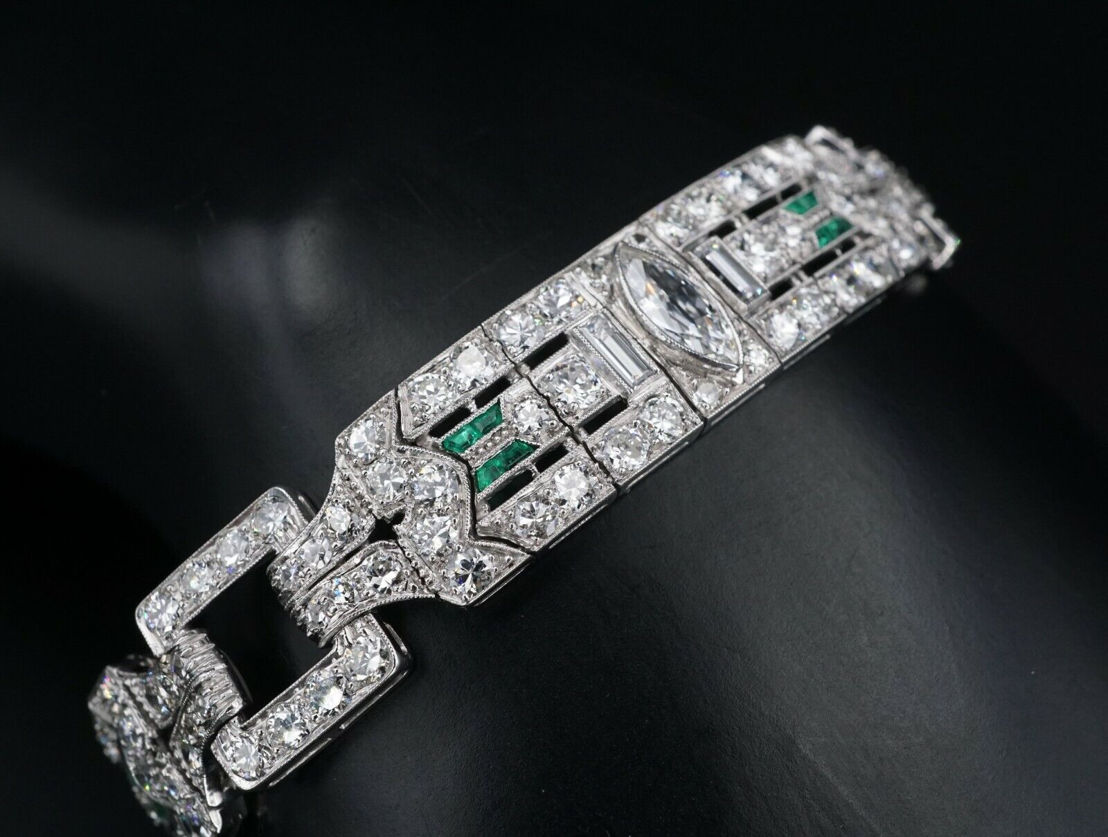 Antique Art Deco Diamond Bracelet Platinum 14 carat Emerald 7.25", view 6