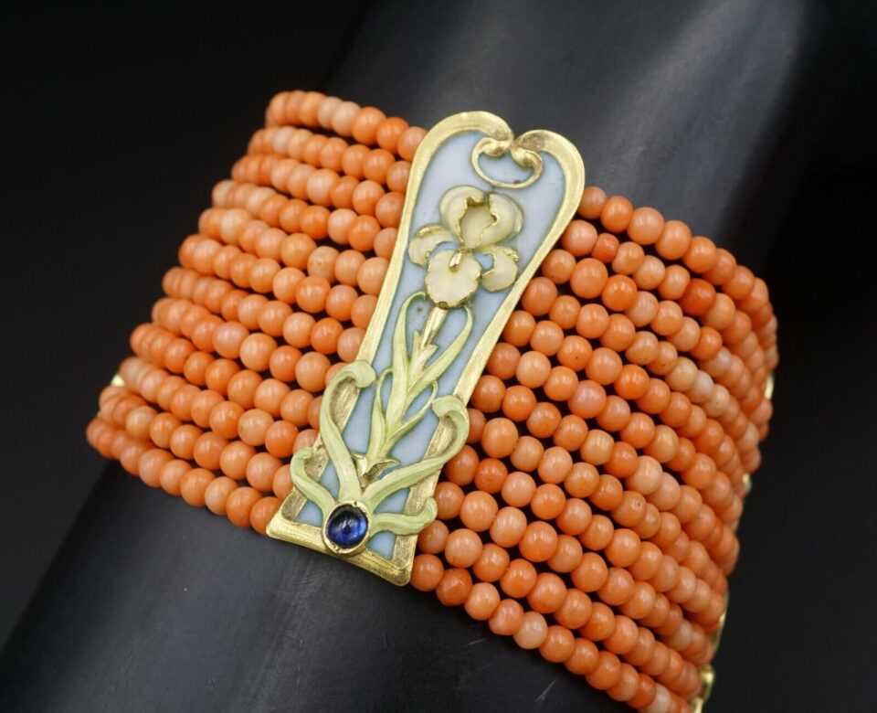 Art Nouveau Plique-a-Jour Enamel, Sapphire and Coral Station Bracelet, 18k Gold