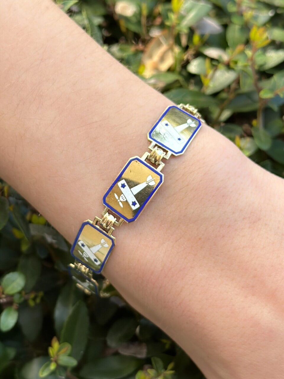 Circa 1915 14k Airplane Enamel Bracelet Yellow Gold 7" WWI w/ Plane Charm, view 2