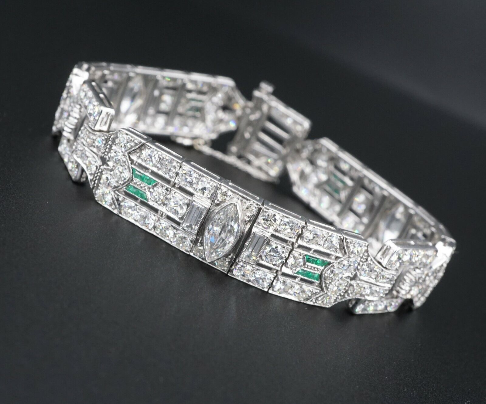 Antique Art Deco Diamond Bracelet Platinum 14 carat Emerald 7.25", view 1