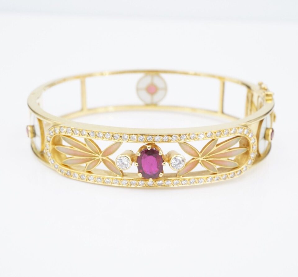 Masriera Ruby Diamond Bracelet Plique a Jour Red Floral Carpet 18k Gold 7 BG909