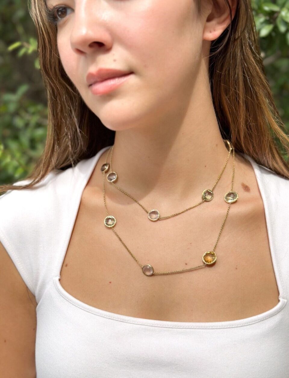 14k Gold Faceted Citrine Quartz Amethyst Prasiolite Station Necklace 36" shown worn