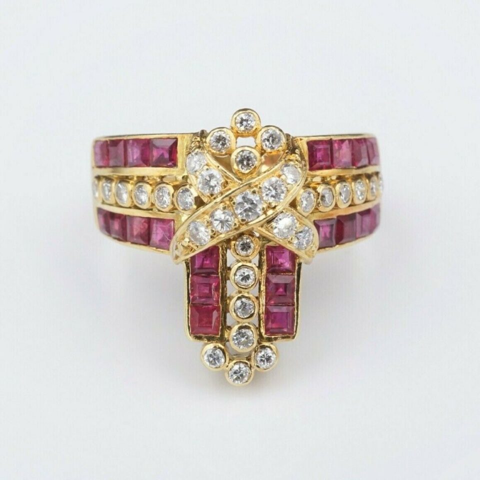 Diamond Ruby Cocktail Ring 18k Yellow Gold Size 8.75, view 2