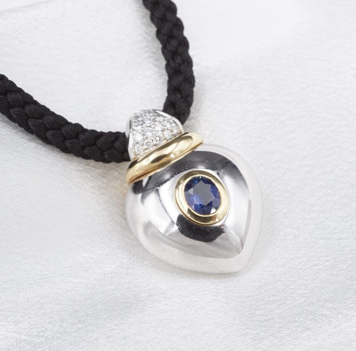 Designer 18k Heart Pendant Palladium Sapphire Pave Diamond Locket, view 5