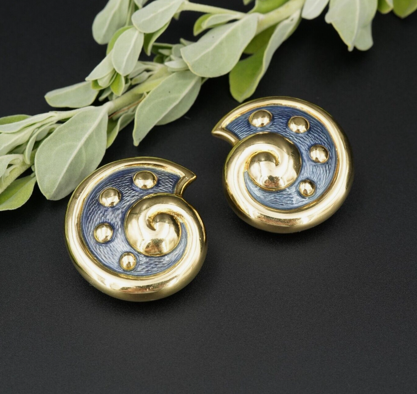 Leo De Vroomen Enamel Earrings 18k Gold Ear Clips Shell 1.1", view 1