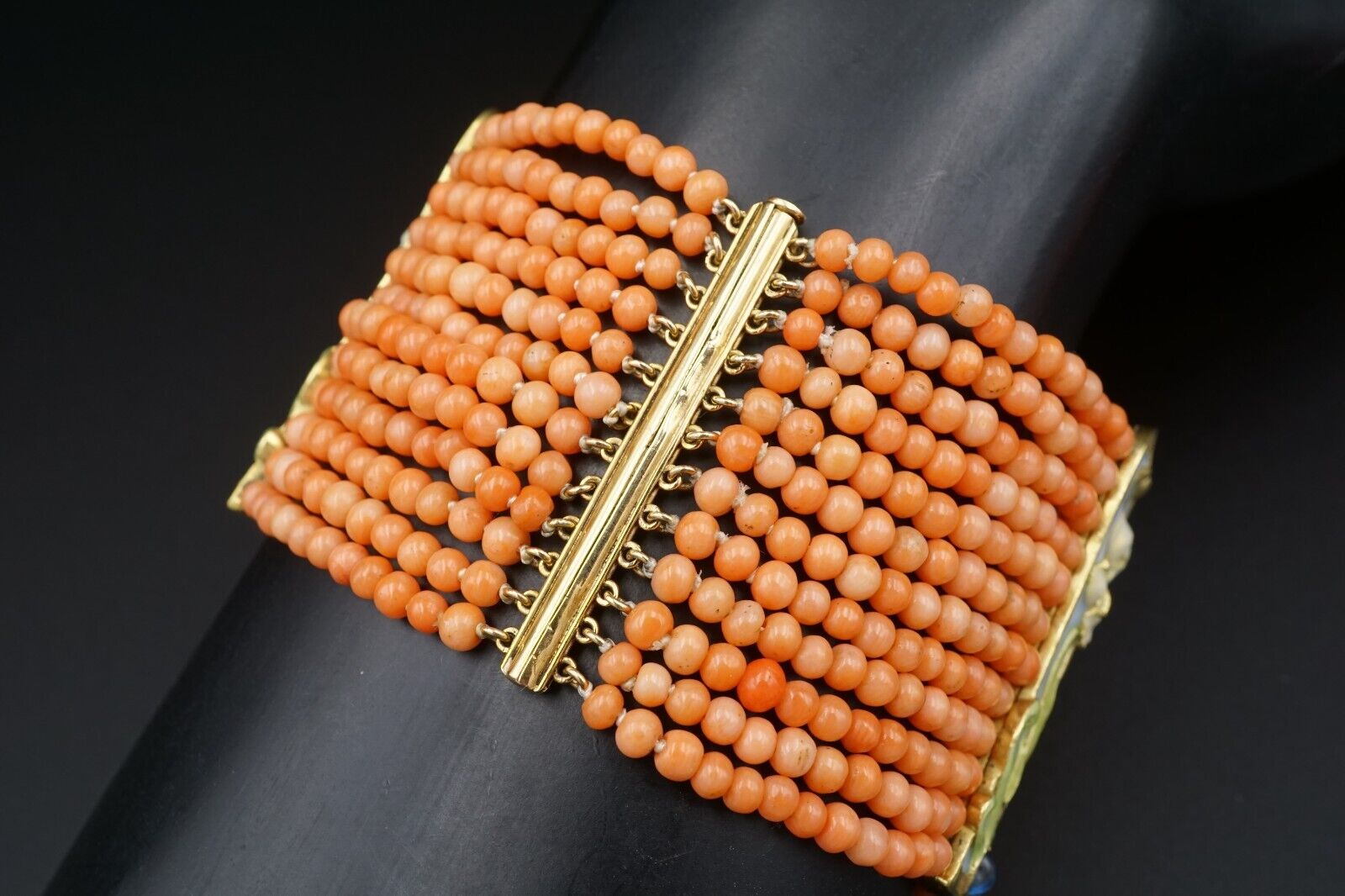 Art Nouveau Plique a Jour Sapphire Station Bracelet Coral 18k Enamel Rare, view 8