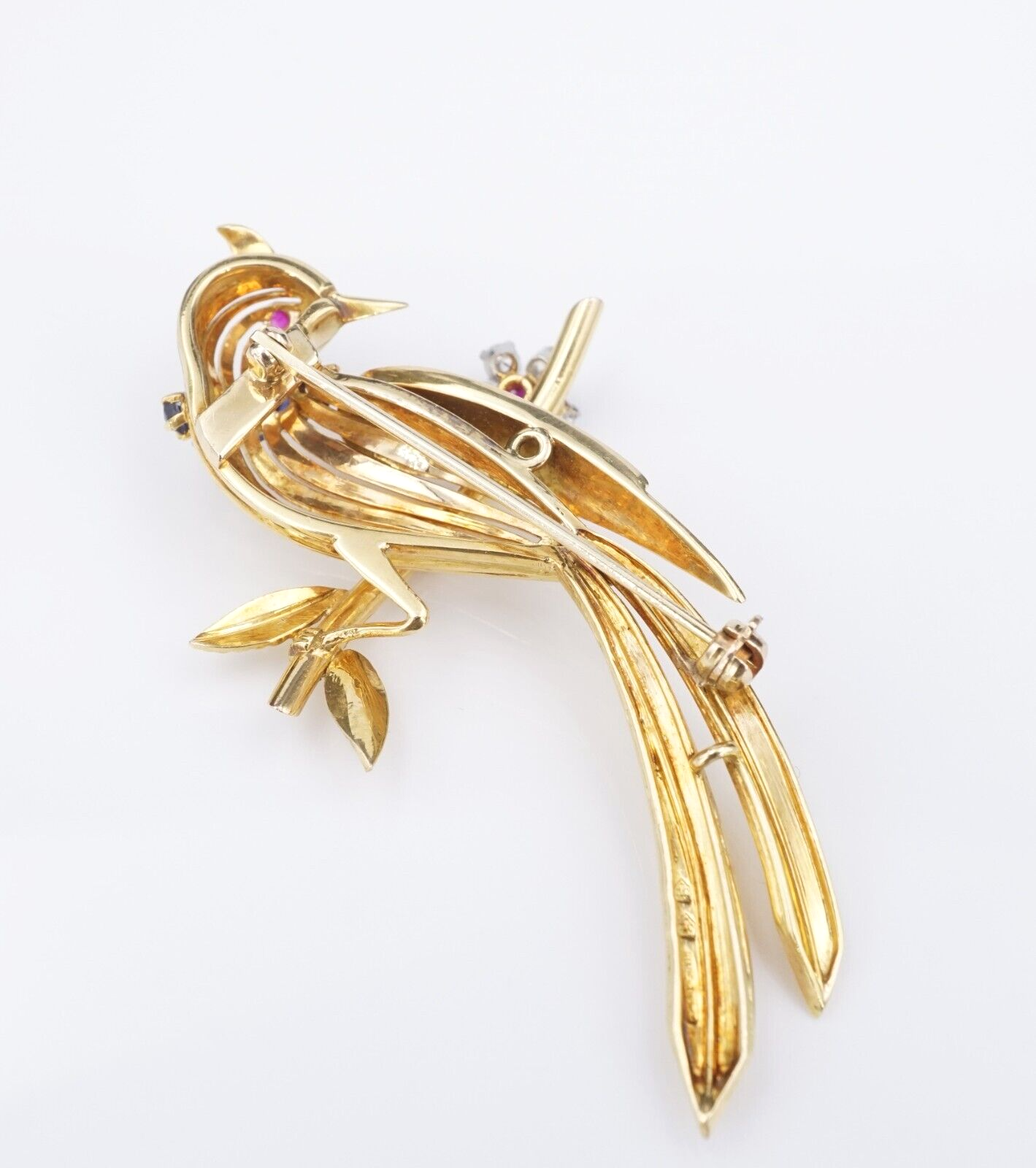 Vintage French 18k Sapphire Ruby Diamond 3D Bird Flower Pin Brooch Gold 2", view 3