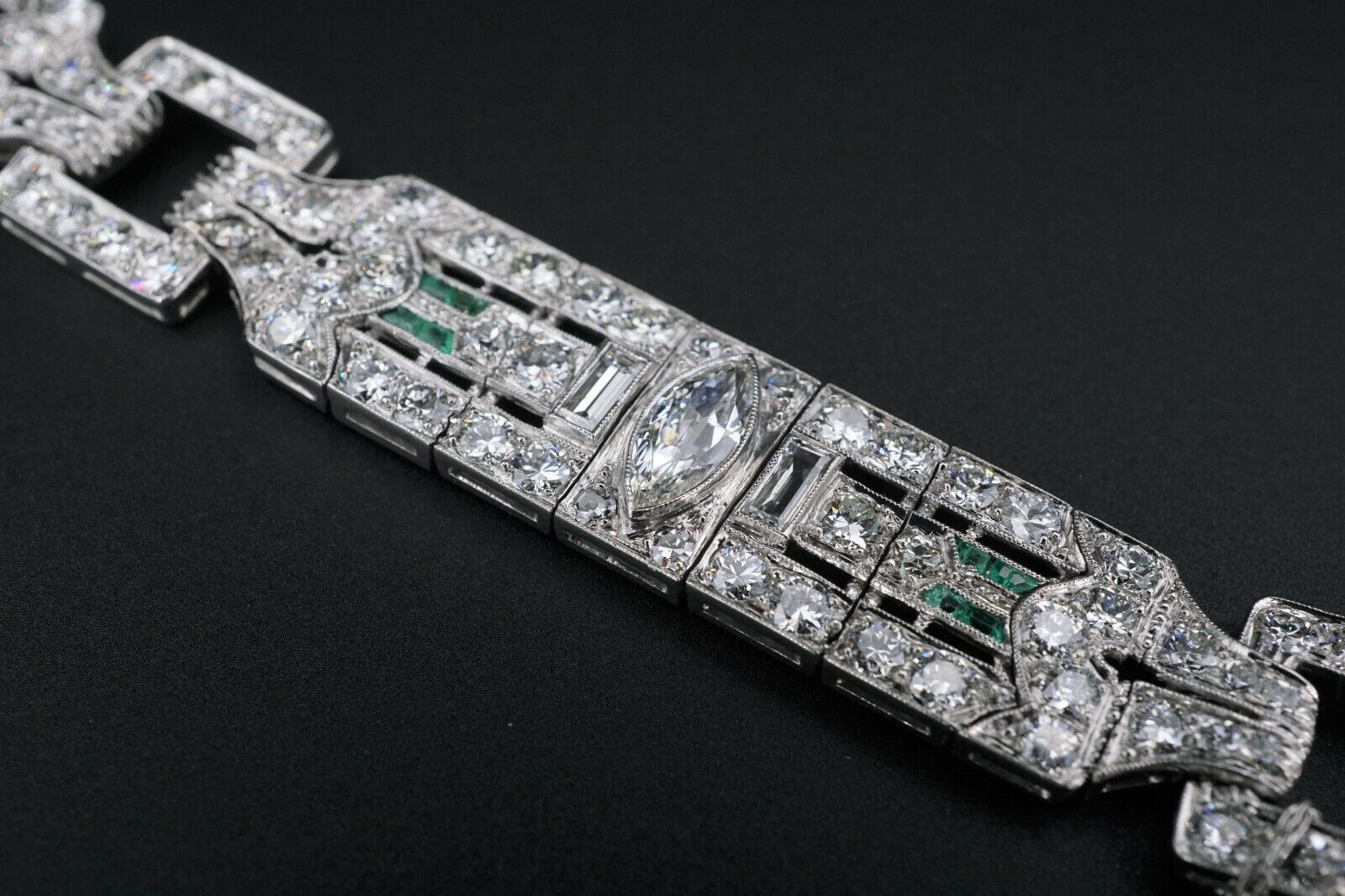 Antique Art Deco Diamond Bracelet Platinum 14 carat Emerald 7.25", view 5