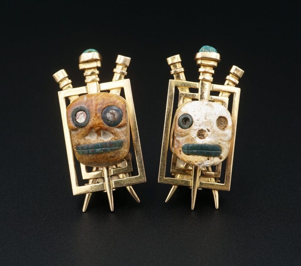 Graziella Laffi Modernist Abstract Skull Earrings, 18k Gold, Peru