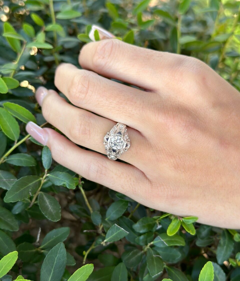 Art Deco Diamond Sapphire Engagement Ring Platinum 1 carat 1920s Size 5, view 2