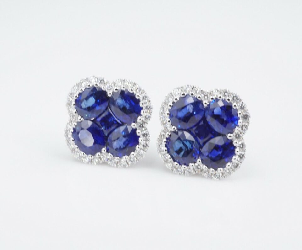 NWT 18k White Gold 3ct Diamond Halo Natural Sapphire Quatrefoil Earrings, view 2