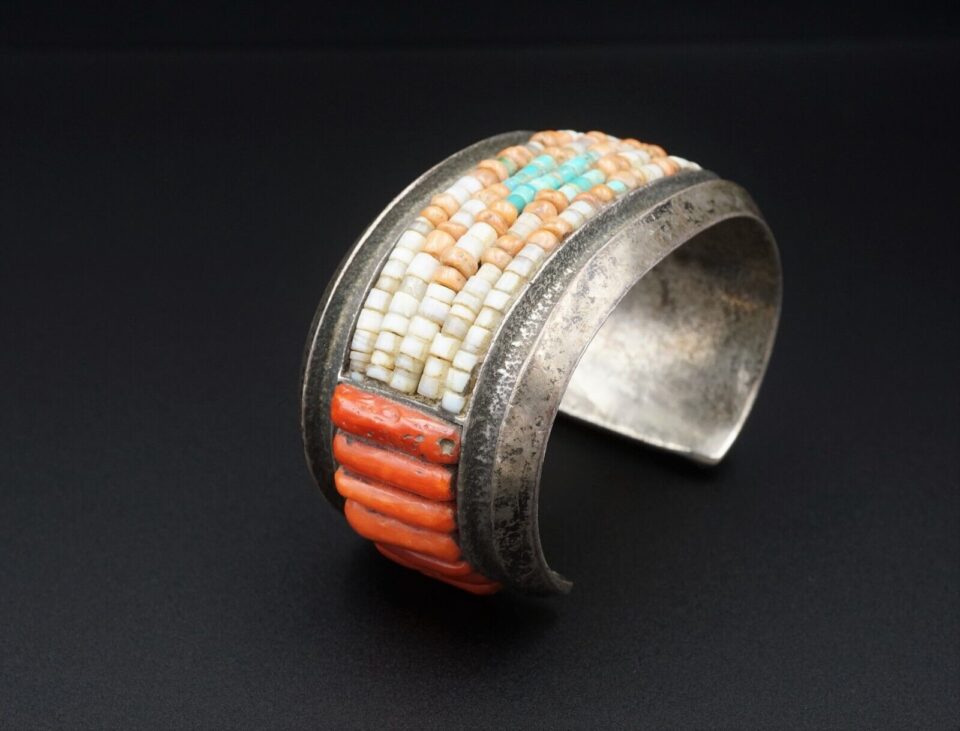 Anglo John Hornbeck Sterling Silver Coral Cobble Inlay Cuff Bracelet 6.5", view 2