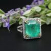 Platinum Natural Emerald Diamond Halo Ring Vintage, view 2