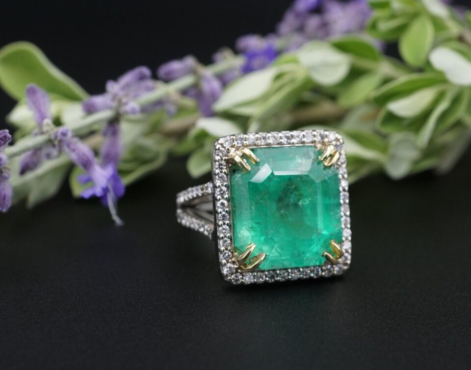 Platinum Natural Emerald Diamond Halo Ring Vintage, view 2