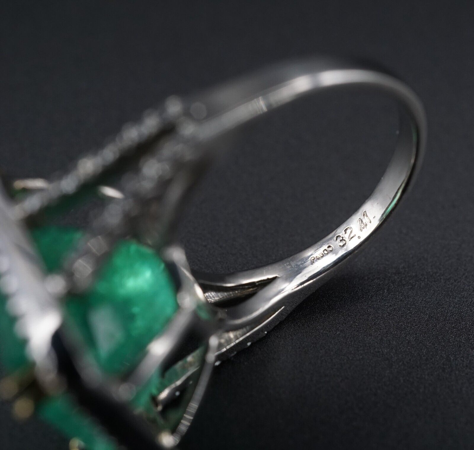 Platinum Natural Emerald Diamond Halo Ring Vintage, view 6