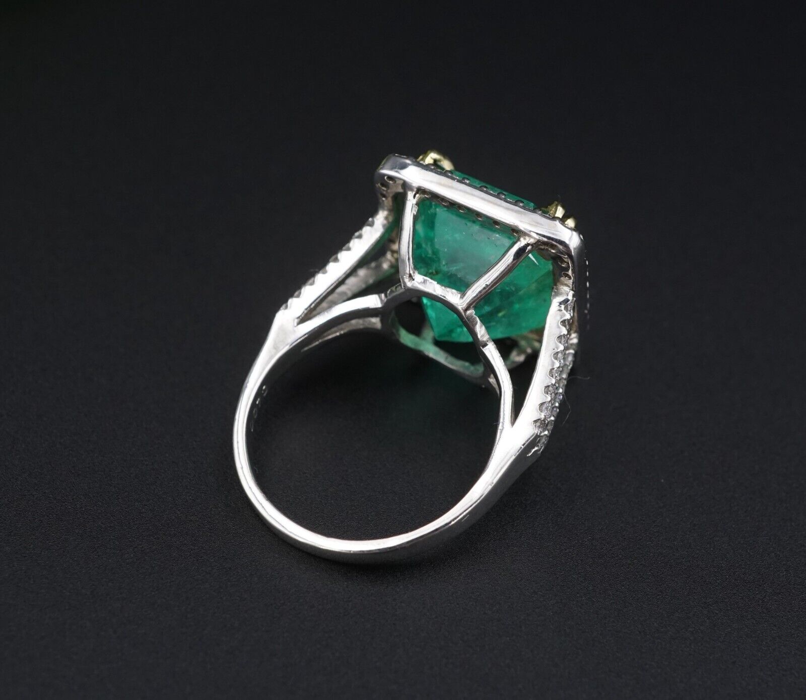 Platinum Natural Emerald Diamond Halo Ring Vintage, view 5
