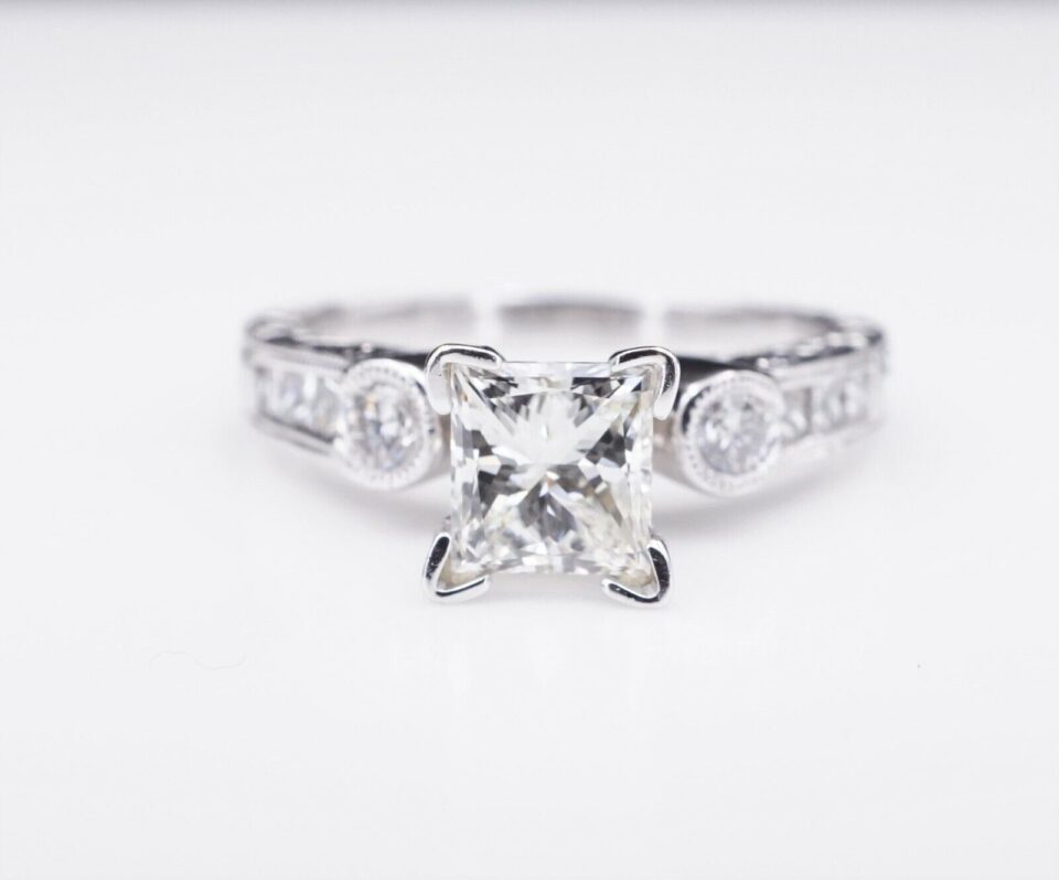 Hand Engraved 18k White Gold 1.3 ct Princess Diamond Engagement Ring Sz 6, view 2