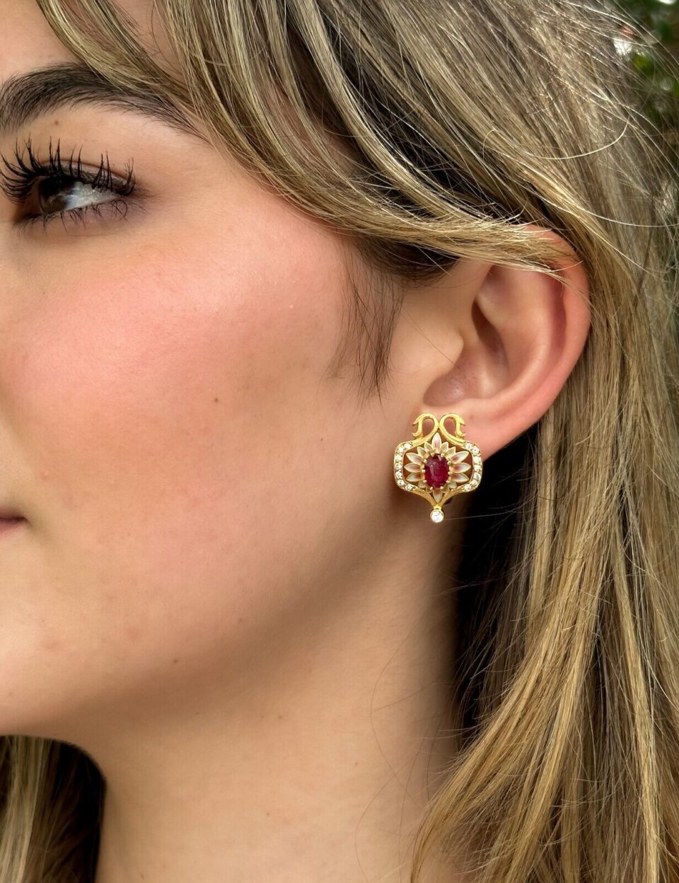 Masriera 18k Gold Earrings Natural Ruby Diamond Enamel Plique a Jour, view 2