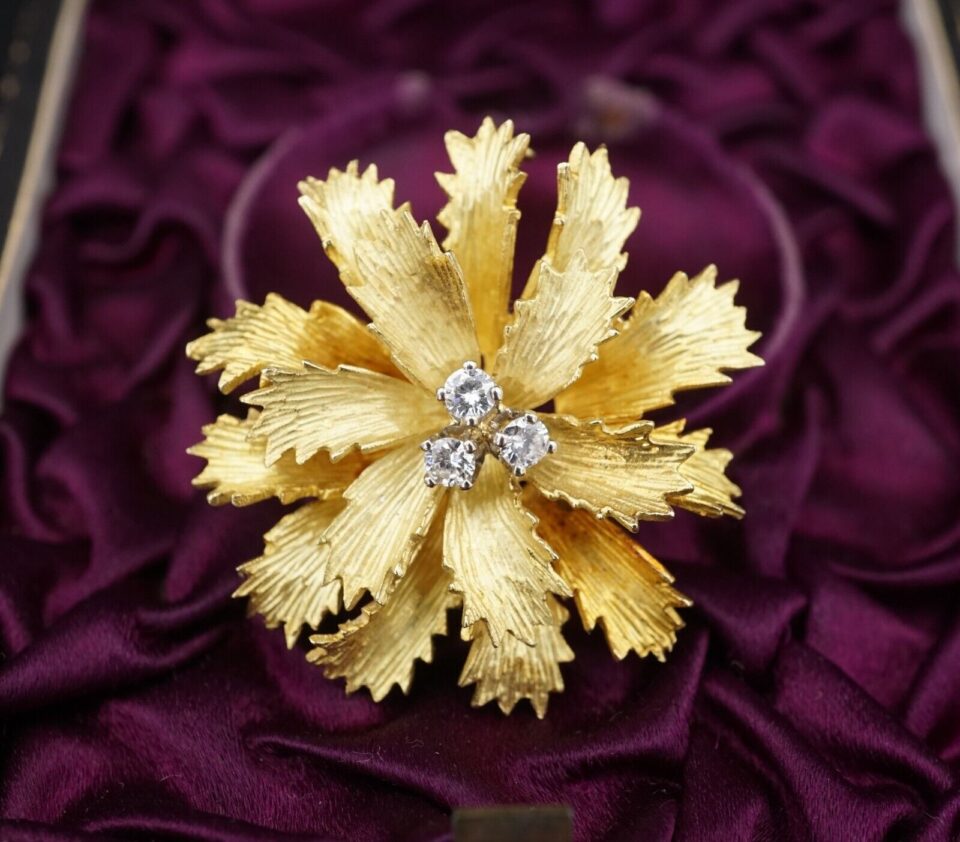 Vintage Asprey Natural Diamond Floral Leaf Brooch, 18k Gold, London
