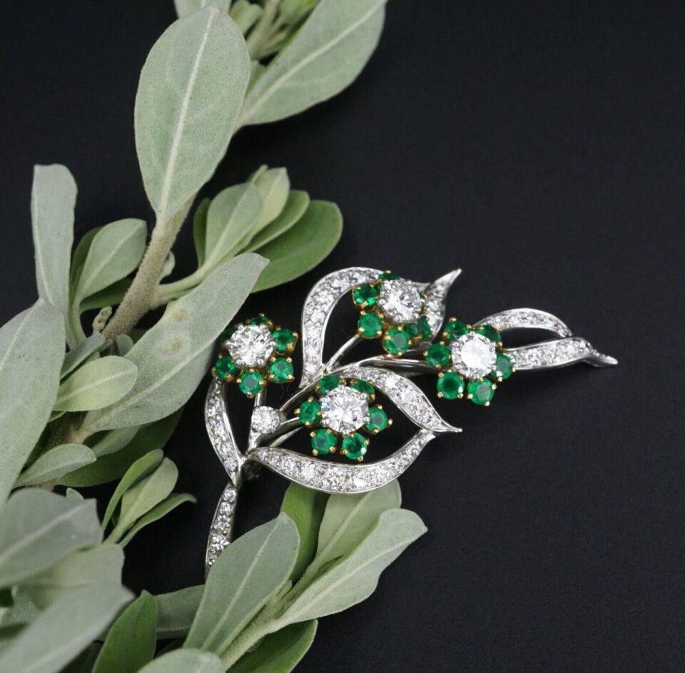 Vintage Platinum Emerald Diamond Brooch, view 2