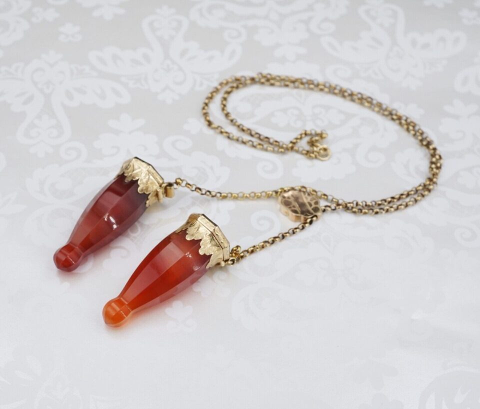 Antique 14K Gold Carved Carnelian Knitting Needle Guard Caps Necklace 19", view 2