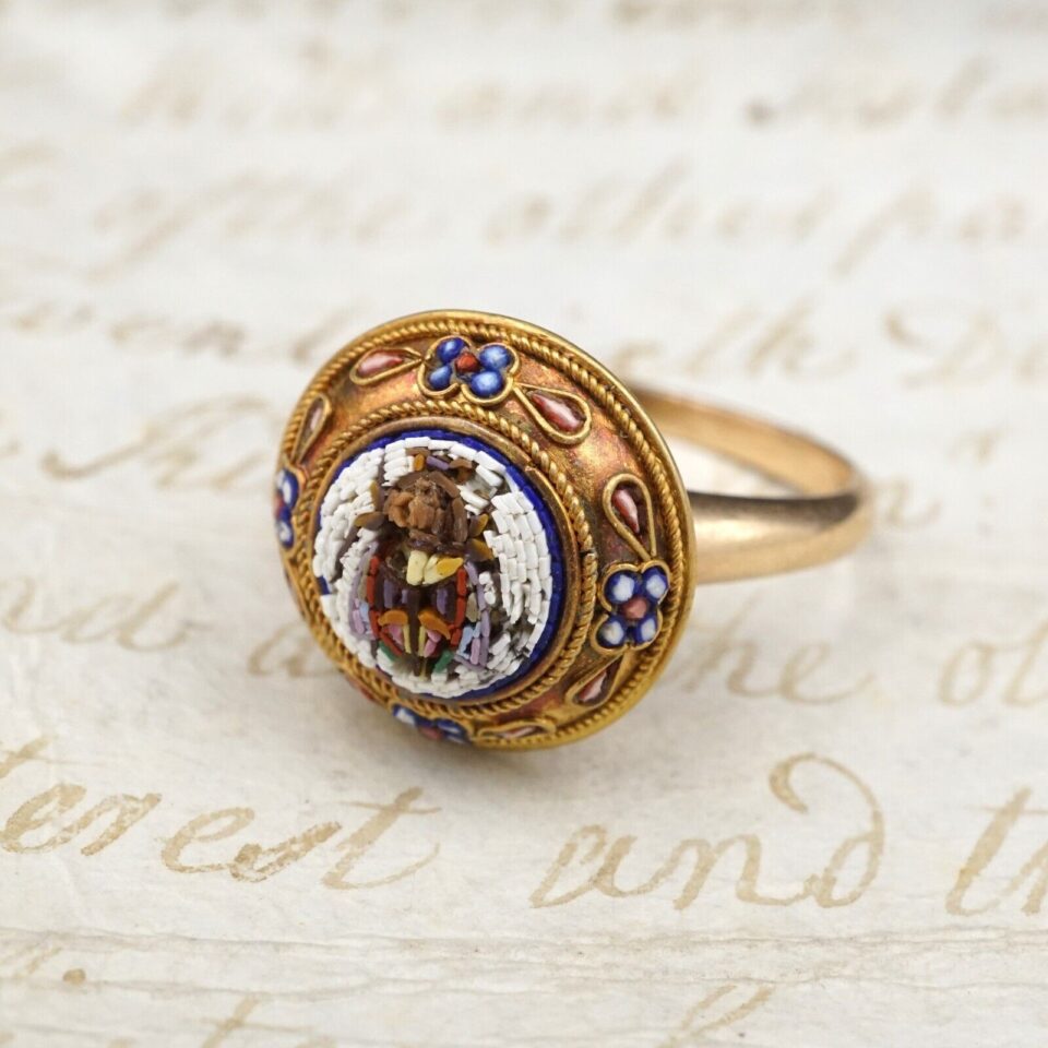 Antique Egyptian Revival Micro Mosaic Ring Scarab 14k 18k Gold Size 6.5 RG3909