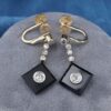 Antique 18k Diamond Onyx Dangle Earrings White & Yellow Gold Victorian 1.1", view 1