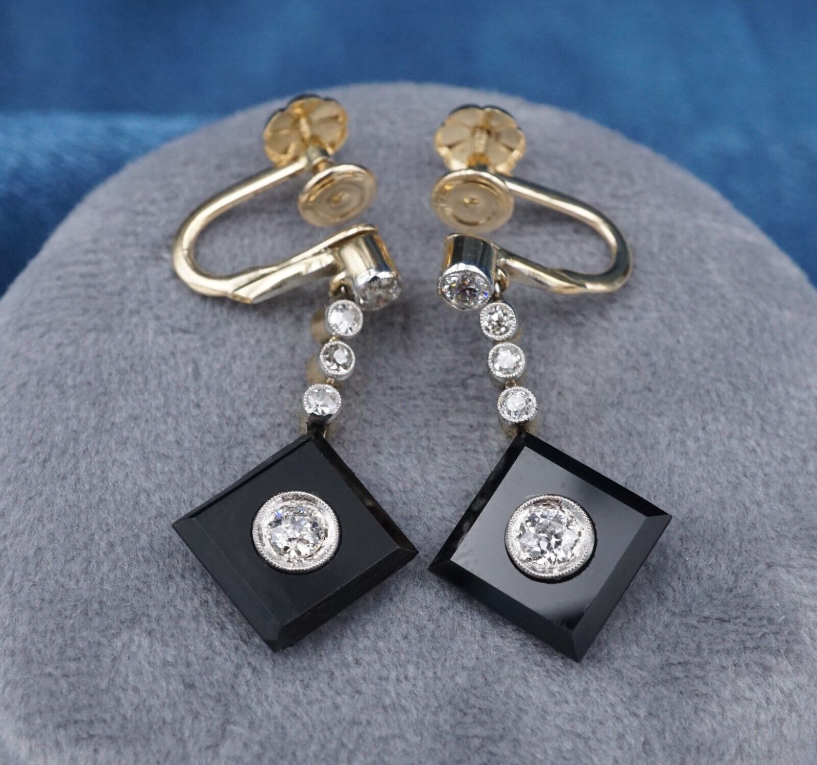 Antique 18k Diamond Onyx Dangle Earrings White & Yellow Gold Victorian 1.1", view 1