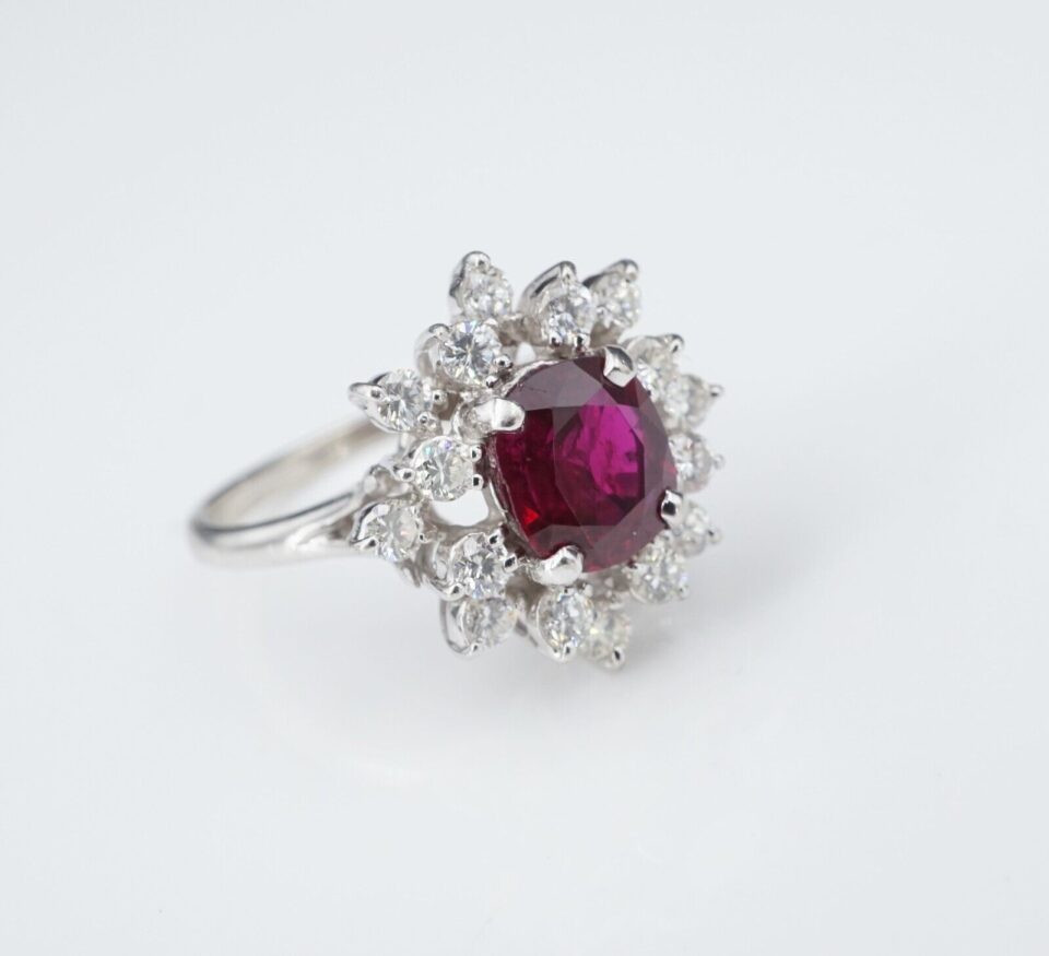 14k White Gold Cushion Ruby Diamond Floral Halo Ring Size 6.5 RG3653