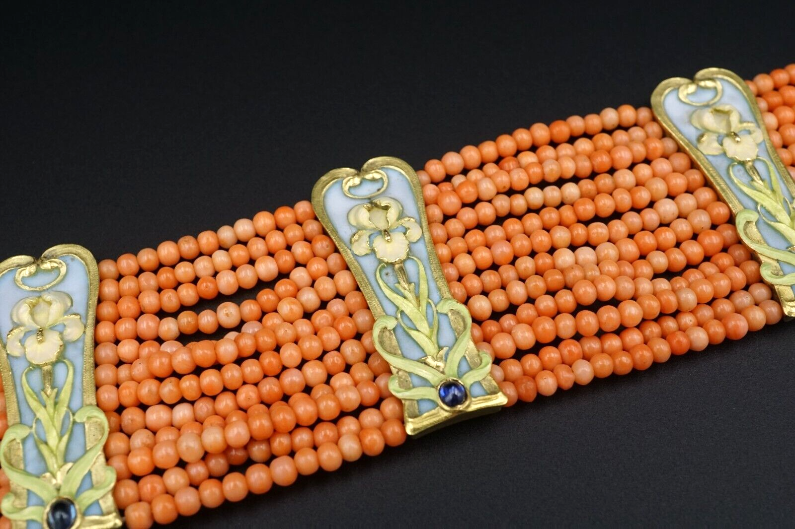 Art Nouveau Plique a Jour Sapphire Station Bracelet Coral 18k Enamel Rare, view 6
