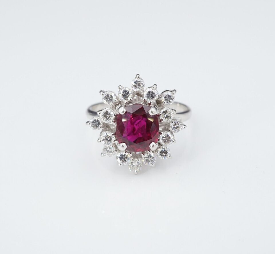 14k White Gold Cushion Ruby Diamond Floral Halo Ring Size 6.5, view 2