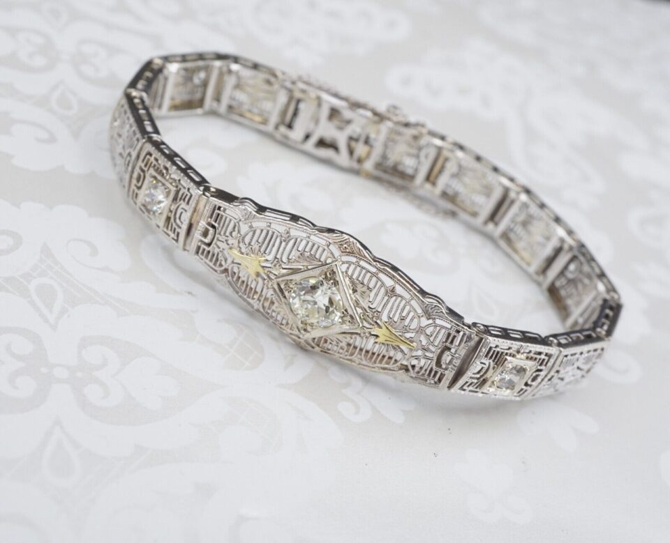 Classic Antique Art Deco 14k Gold 1ct Three Diamond Filigree Bracelet 6.5", view 2