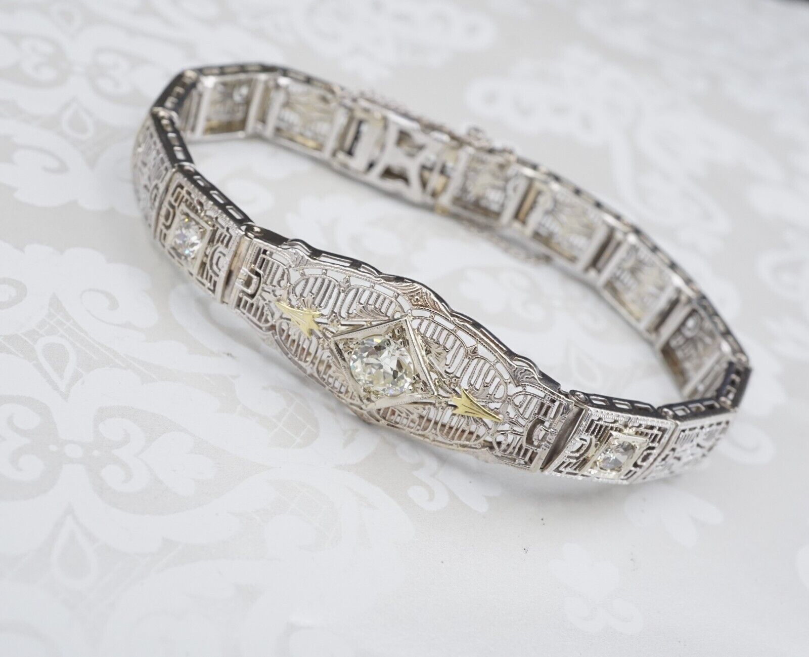 Classic Antique Art Deco 14k Gold 1ct Three Diamond Filigree Bracelet 6.5", view 2