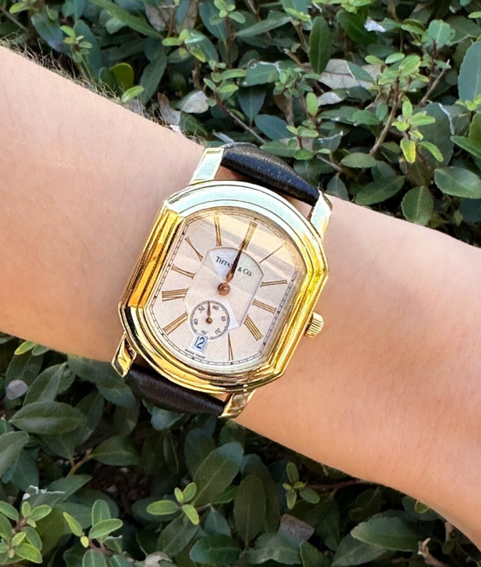 18k Gold Ladies Tiffany & Co. Gold Watch Roman Dial Leather Strap Mark Coupe 32mm, view 2