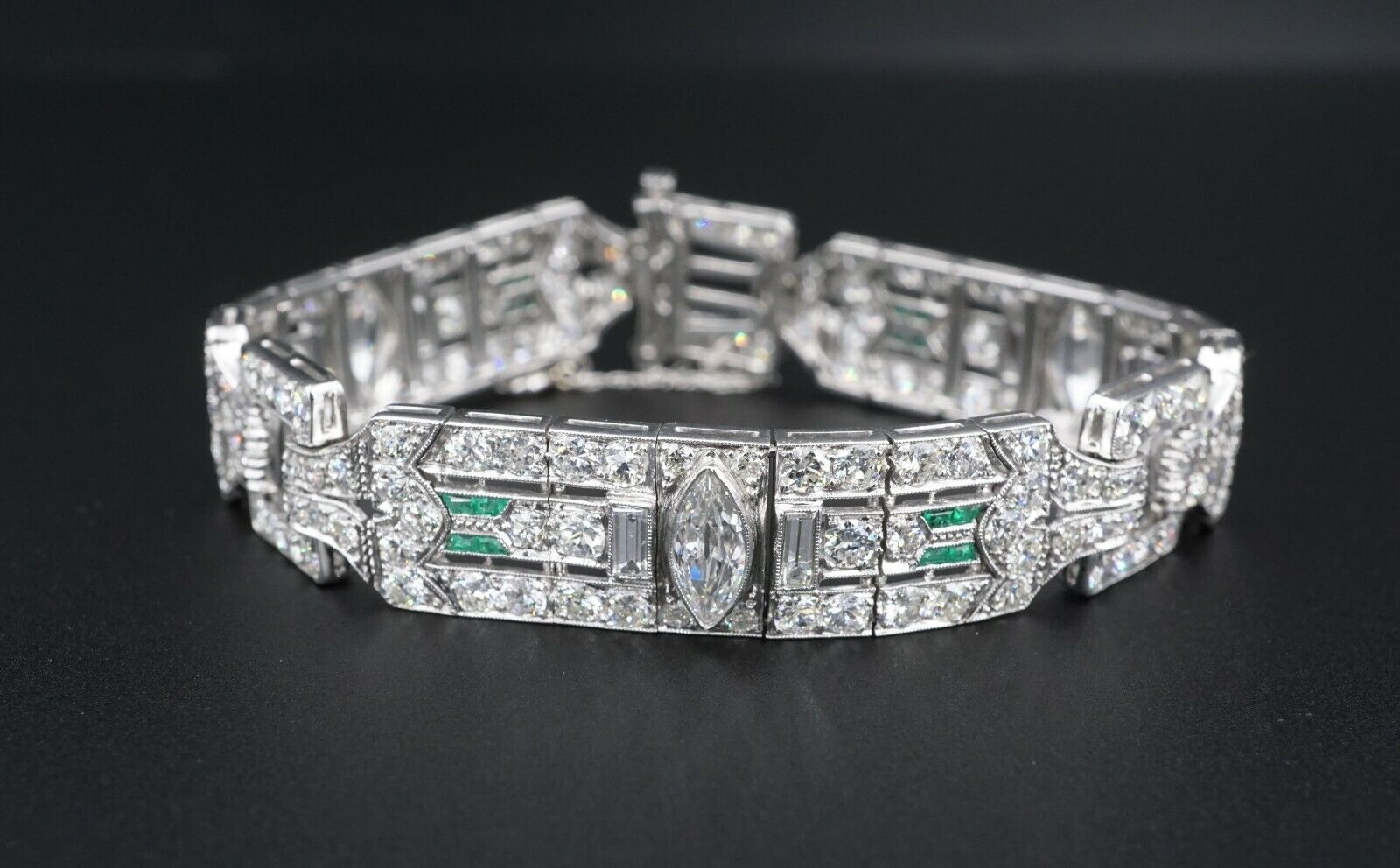 Antique Art Deco Diamond Bracelet Platinum 14 carat Emerald 7.25", view 4