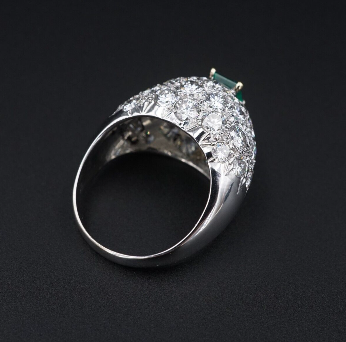 18k Pave Diamond Emerald Dome Ring White Gold 4ctw Sz 7 French Statement, view 6