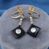 Antique 18k Diamond Onyx Dangle Earrings White & Yellow Gold Victorian 1.1", view 2