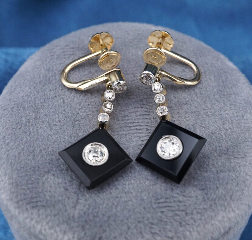 Antique 18k Diamond Onyx Dangle Earrings White & Yellow Gold Victorian 1.1", view 2