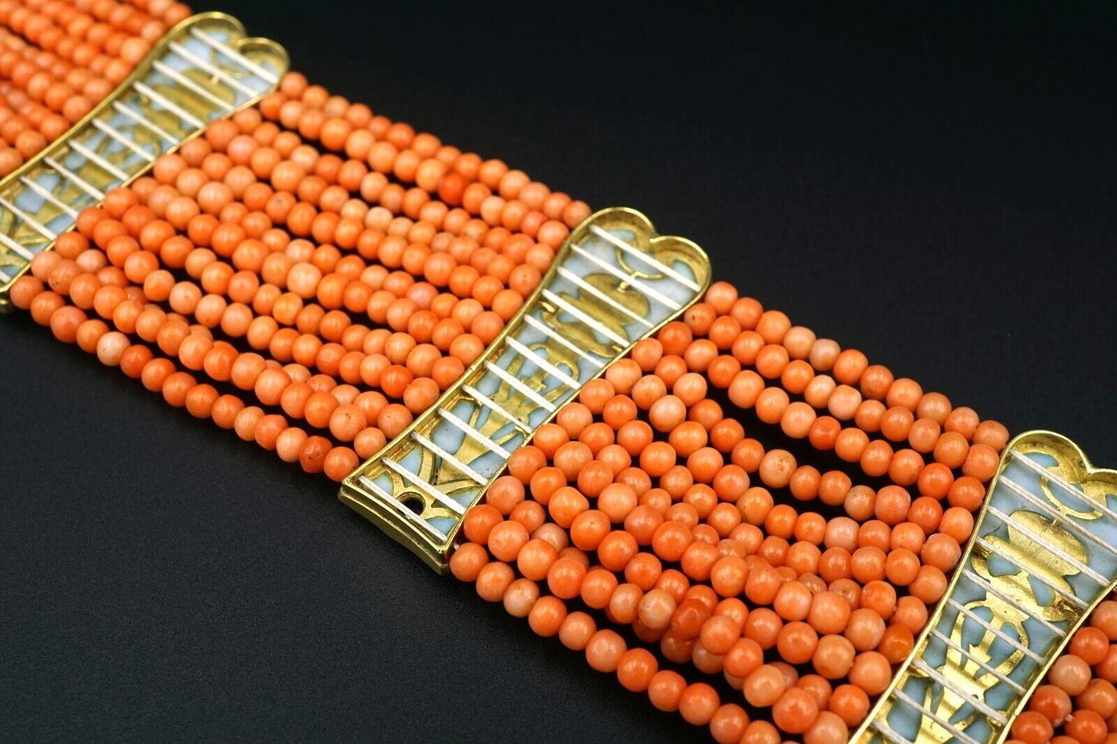Art Nouveau Plique a Jour Sapphire Station Bracelet Coral 18k Enamel Rare, view 7